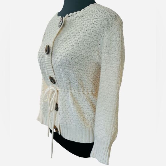 Vintage Y2K Knit Cropped Sweater in Cream Size Large Wool Babydoll Belted - Picture 2 of 11